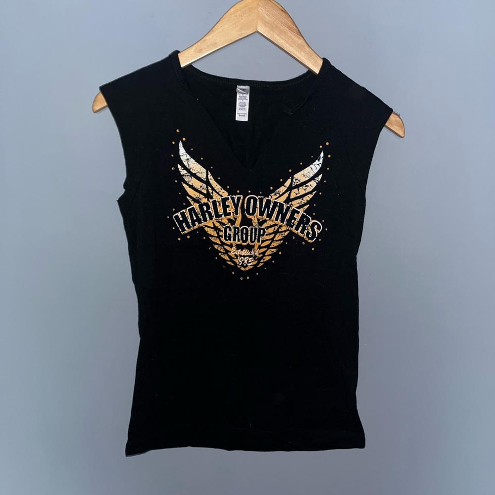 Bella Harley Owners Group HOG Graphic Tank Top Black V-Neck Sleeveless Small